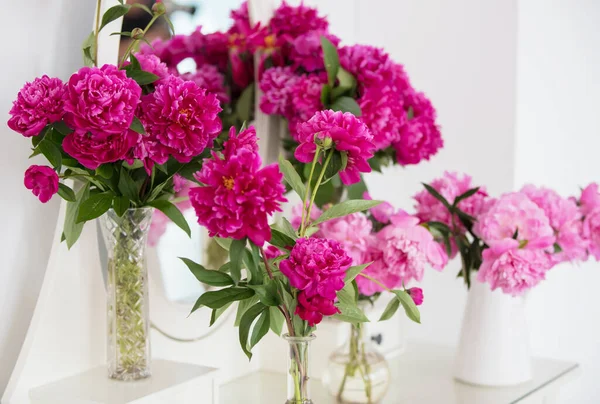 Pink Peonies Vases White Wall — Stock Photo, Image