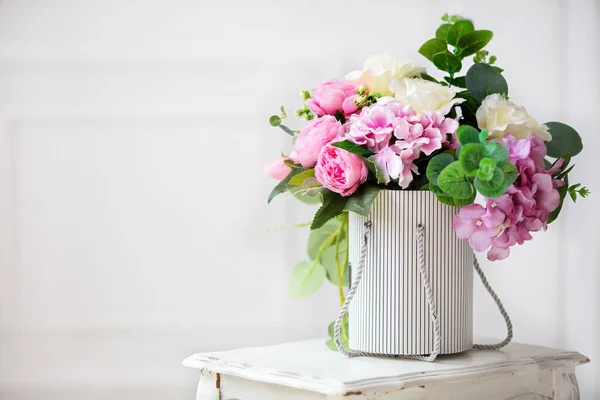 Beautiful Peonies Paper Box White Background — Stock Photo, Image