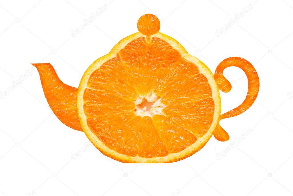 Kettle made of orange on a white background. Orange tea