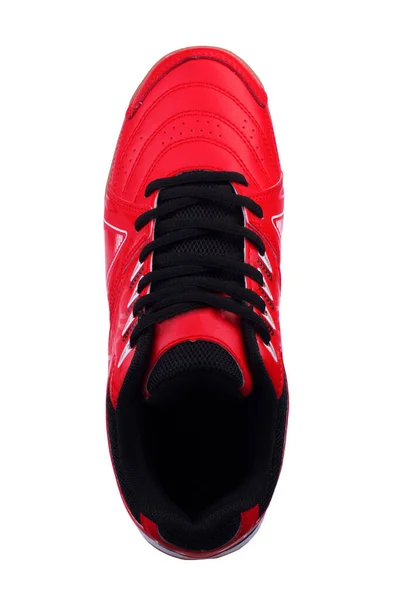 红色运动鞋，有黑色鞋带和白色背景条纹. — 图库照片