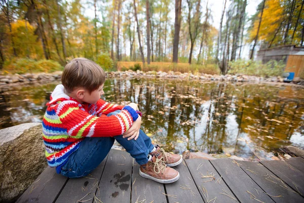 Bambino in una passeggiata autunnale. Il ragazzo cammina su uno sfondo di natura di autunno. — Foto Stock