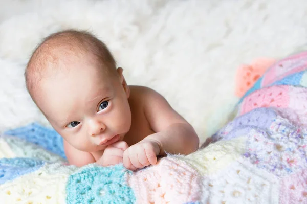 Retrato de bebé recién nacido de cerca. Un bebé con ojos inteligentes. — Foto de Stock