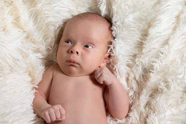 Bebé recién nacido con una cara graciosa. Pequeño bebé en una cama de piel. — Foto de Stock