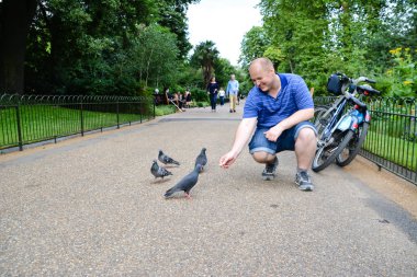 Neşeli bir adam güvercinler Hyde Park'ta beslenir. Parkta yürüyüş. Hayvanların beslenme sırasında olumlu duygular. Hyde Park, Londra, İngiltere. 13 Temmuz 2014