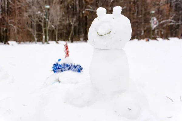 雪人以猫的形式站在冬季风景白雪飘飘的背景上 很多雪 — 图库照片