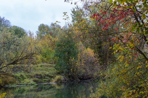 Colorful, multi-color leaves of trees in a river reflection. Early autumn morning on the Kazanka River in Kazan. Russia.