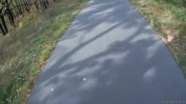 Bir adam sonbahar ormanında asfalt yolda paten kayıyor..