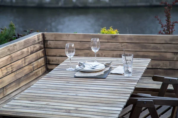 Outdoor restaurant terrace made of wood in scandinavian style