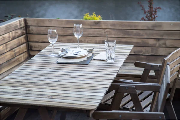 Outdoor restaurant terrace made of wood in scandinavian style