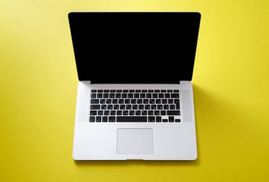 parlak zeytin sarı arka plan, kadın blogger çalışma alanı kavramı üzerinde gri açık dizüstü 