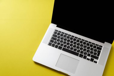 parlak zeytin sarı arka plan, kadın blogger çalışma alanı kavramı üzerinde gri açık dizüstü 