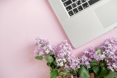  Laptop ve eflatun çiçekler pembe arka plan, kadın blogger çalışma alanı kavramı üzerinde 