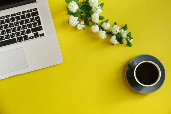 Portátil Con Café Caliente Taza Rama Con Flores Sobre Fondo — Foto de Stock