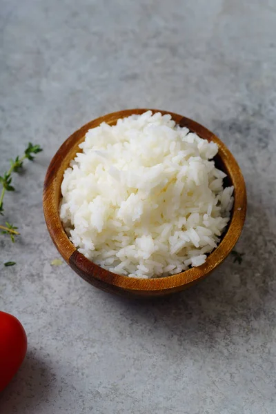 Wooden Bowl Cooked Jasmine Rice Metallic Background Top View — Stock Photo, Image