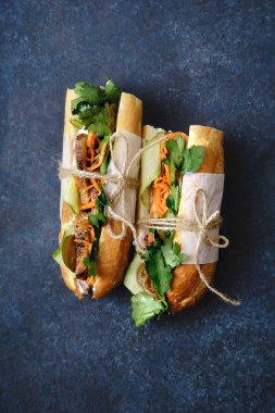 Klasik Banh'da mi sandviç dilimlenmiş ızgara domuz eti bonfile ve soyulmuş salatalık ile rendelenmiş havuç ve Salantro ile jalapeno biber ile