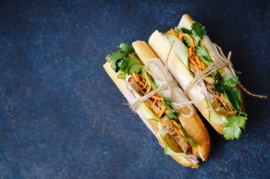 Klasik Banh'da mi sandviç dilimlenmiş ızgara domuz eti bonfile ve soyulmuş salatalık ile rendelenmiş havuç ve Salantro ile jalapeno biber ile