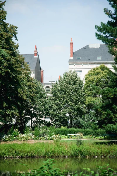 Roofs of french traditional buildings hidden by trees, French atmosphere concept