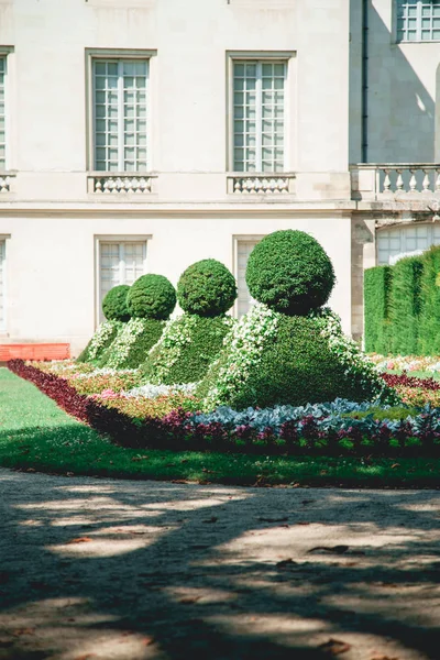 French traditional building with classical garden of geometrical forms, French architecture concept