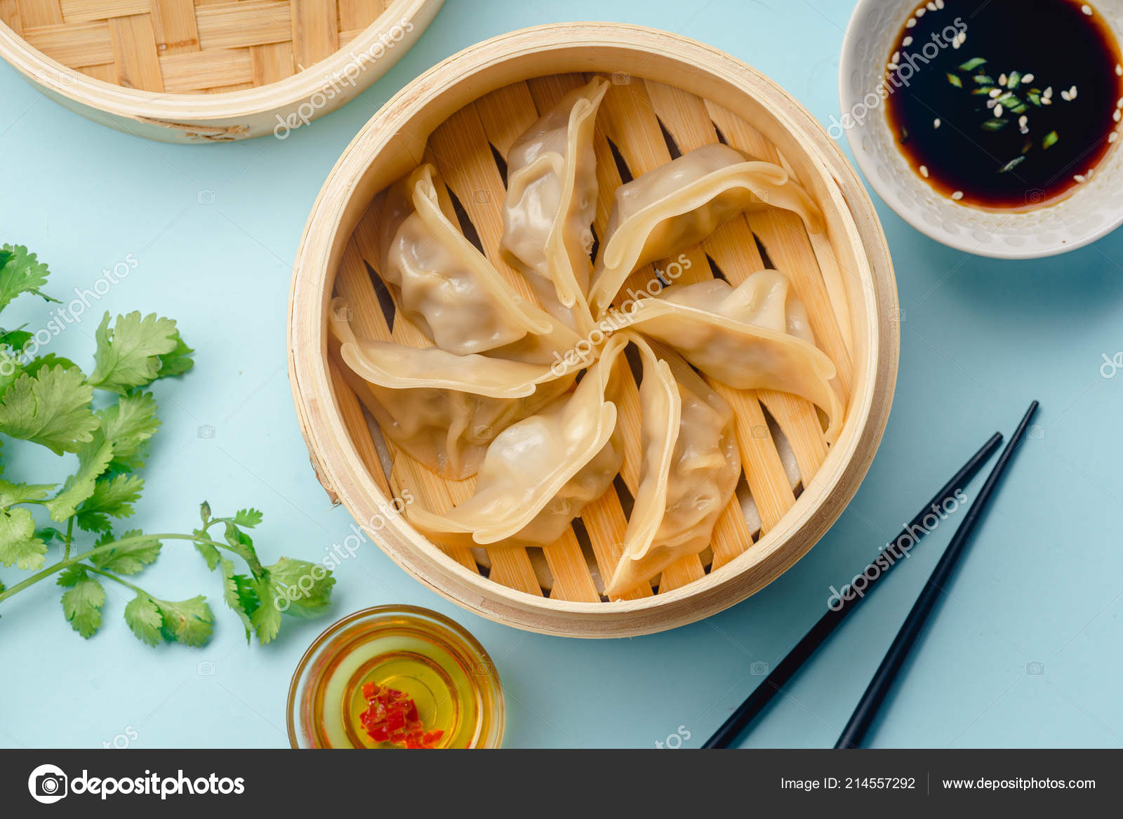 Gyoza Dumplings Duck Cooked Bamboo Steamer Served Plate Soy Sauce Stock