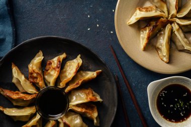 Kızarmış ördek plakaları ile köfte sosu soya sosu ve koyu mavi beton zemin üzerine susam ile servis