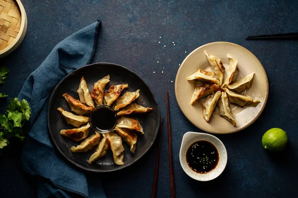 Fried Gyoza Dumplings Duck Plates Served Soy Sauce Sesame Seeds — Stock Photo, Image