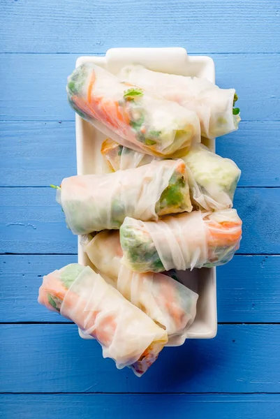 Vegetarian Spring Rolls Tofu Marinated Carrot Daikon Cilantro Served White — Stock Photo, Image
