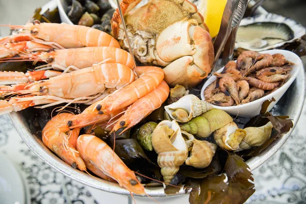 Plate Fresh Assorted Seafood French Summer Restaurant Close — Stock Photo, Image