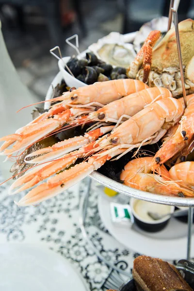 Assiette Avec Des Fruits Mer Frais Assortis Dans Restaurant Été — Photo