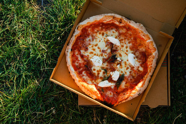 Italian pizza with tomato sauce and fresh burrata in opened cardboard box on grass, Food delivery concept