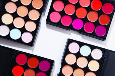 ruj ve göz kapatıcı paletleri ile beyaz arka plan üzerinde izole renkler kümesi. Makyaj sanatçı kit kavramı 