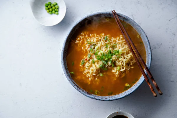 Easy Japanese Ramen Noodles Pork Broth Egg Leek Handmade Blue — Stock Photo, Image