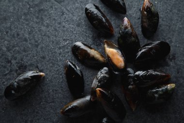 Karanlık beton zemin üzerine taze midye