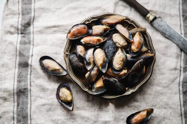 Frozen Mussels Metallic Vintage Plate Knife Linen Tablecloth Stripes — Stock Photo, Image