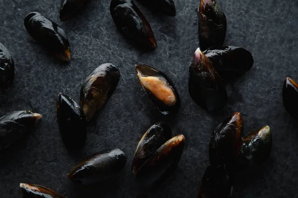 Moules Fraîches Sur Fond Béton Foncé — Photo