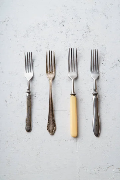 Silver Vintage Forks Concrete Background Top View — Stock Photo, Image