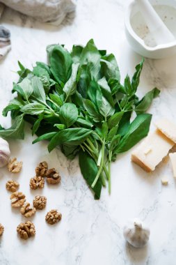 fesleğen pesto malzemeler mermer zemin üzerine bileşimi. Üstten görünüm 