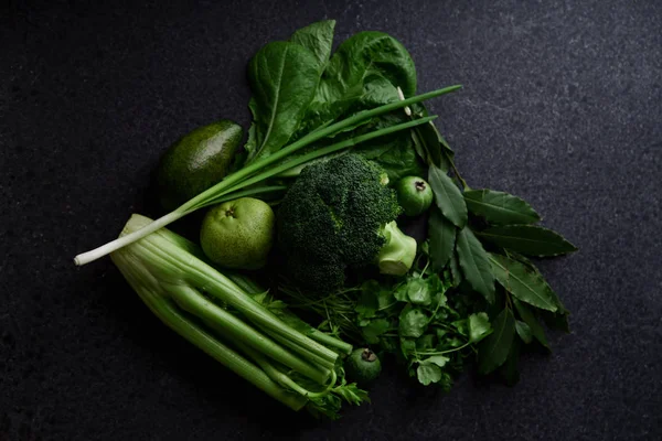 Fresh Green Vegetables Greens Fruits Dark Concrete Background Monochromatic Idea — Stock Photo, Image