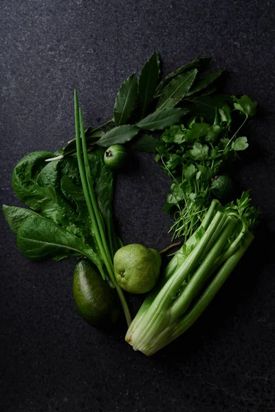 Fresh Green Vegetables Greens Fruits Dark Concrete Background Monochromatic Idea — Stock Photo, Image