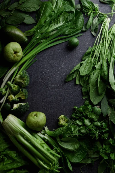 Fresh Green Vegetables Greens Fruits Dark Concrete Background Monochromatic Idea — Stock Photo, Image