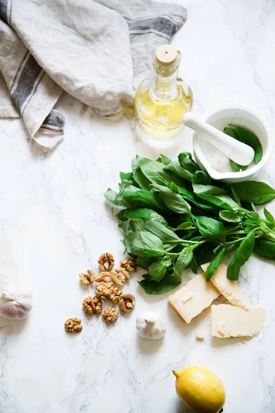 Composition Basil Pesto Ingredients Marble Background Top View — Stock Photo, Image