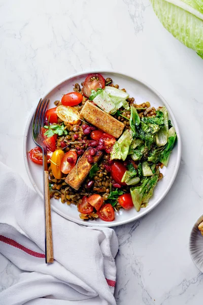 Vegetarian lentil salad with fried cheese and greens with fresh vegetables in bowl