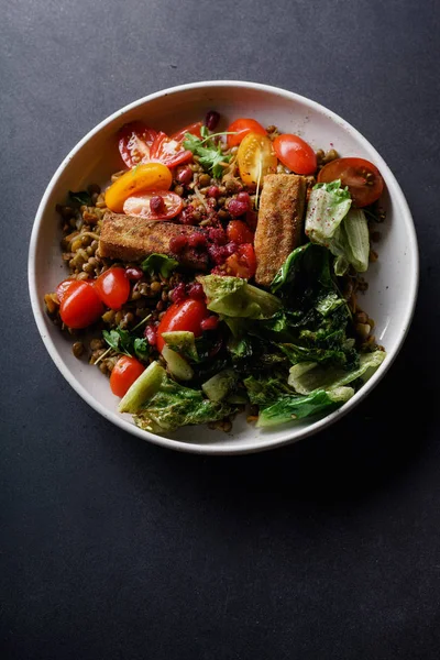 Vegetarian lentil salad with fried cheese and greens with fresh vegetables in bowl