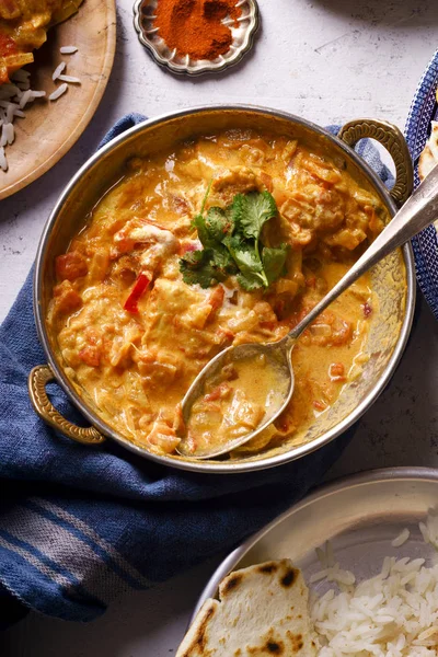 Indiai Ételek Csirke Tikka Masala Rizs Naan Kenyérrel Fűszerek — Stock Fotó