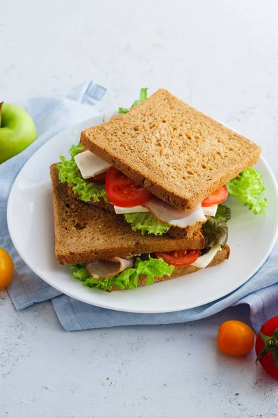 Здоровий Бутерброд Зеленню Шинкою Помідорами Сиром Тарілці Обідні Ідеї Роботи — стокове фото