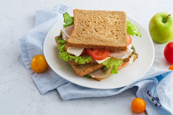 Sándwich Saludable Con Verduras Jamón Con Tomates Queso Plato Ideas — Foto de Stock