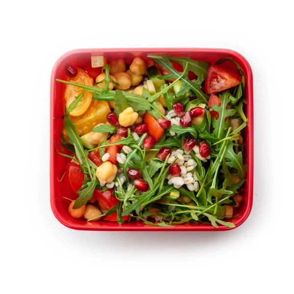 Salat Mit Körnern Und Granatapfelkernen Rotem Plastikgefäß Auf Weißem Hintergrund — Stockfoto