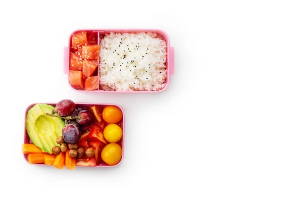 Kreativ Layout Med Hälsosam Lunch Rätter Bento Lådor Isolerad Vit — Stockfoto