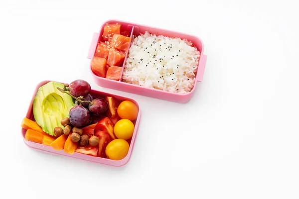 Creatieve Lay Out Met Gezonde Lunch Gerechten Bento Dozen Geïsoleerd — Stockfoto