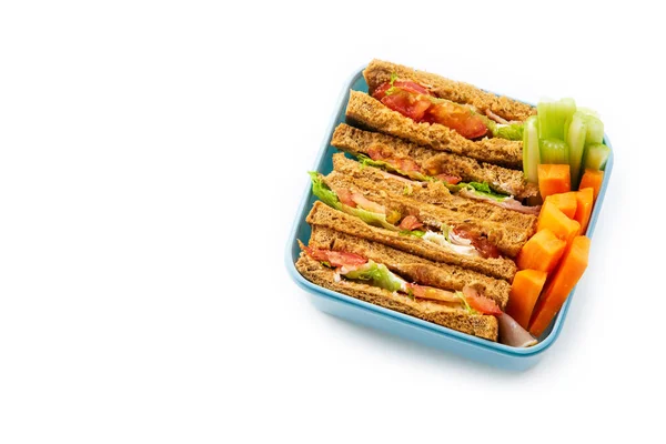 Frisk Sandwich Med Grønt Skinke Med Ost Grønnsaker Plastbeholder Hvit – stockfoto