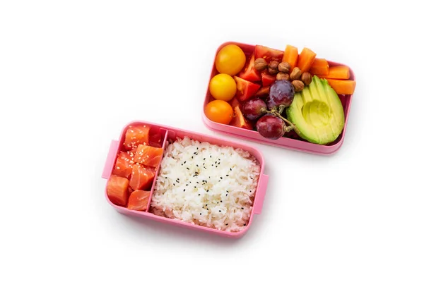在白色背景上的便当盒子里 拥有富有创意的布局和健康的午餐菜肴 办公室午餐概念 — 图库照片